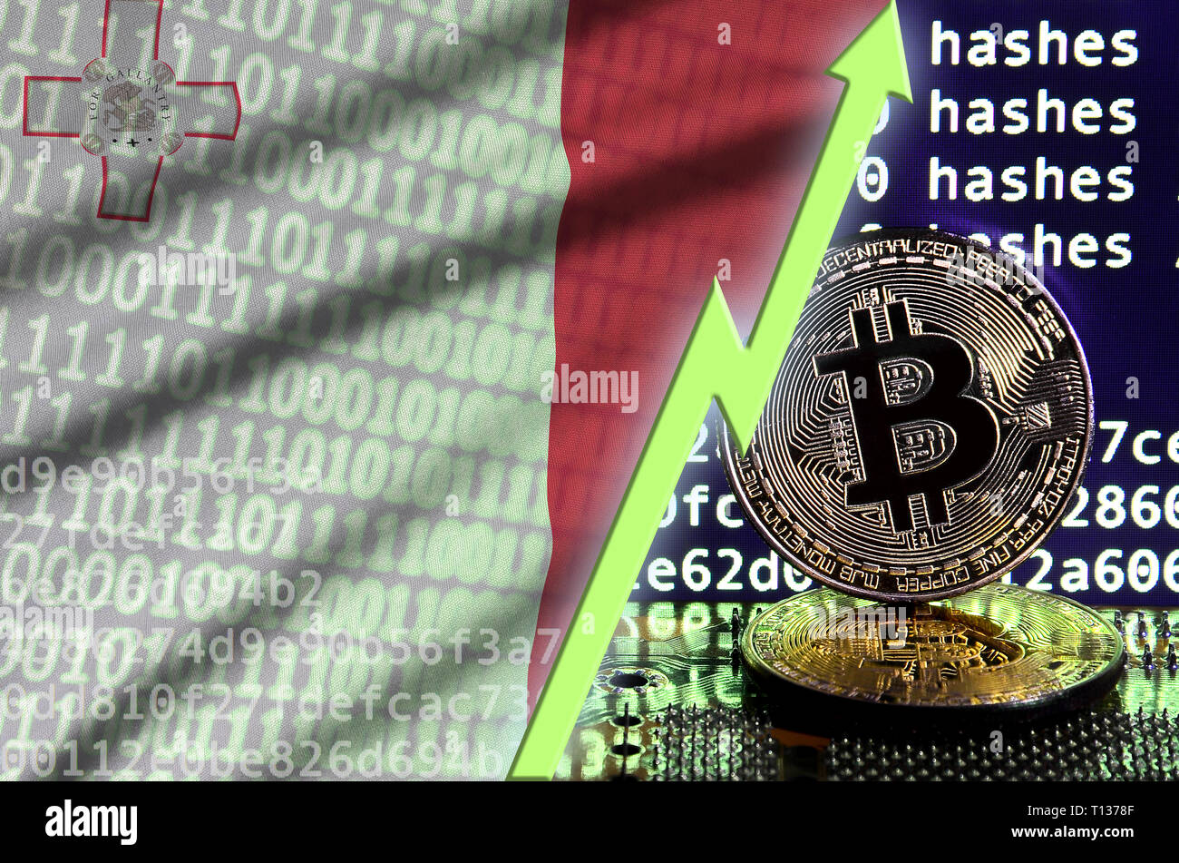 Malta Flag And Rising Green Arrow On Bitcoin Mining Screen And Two - 